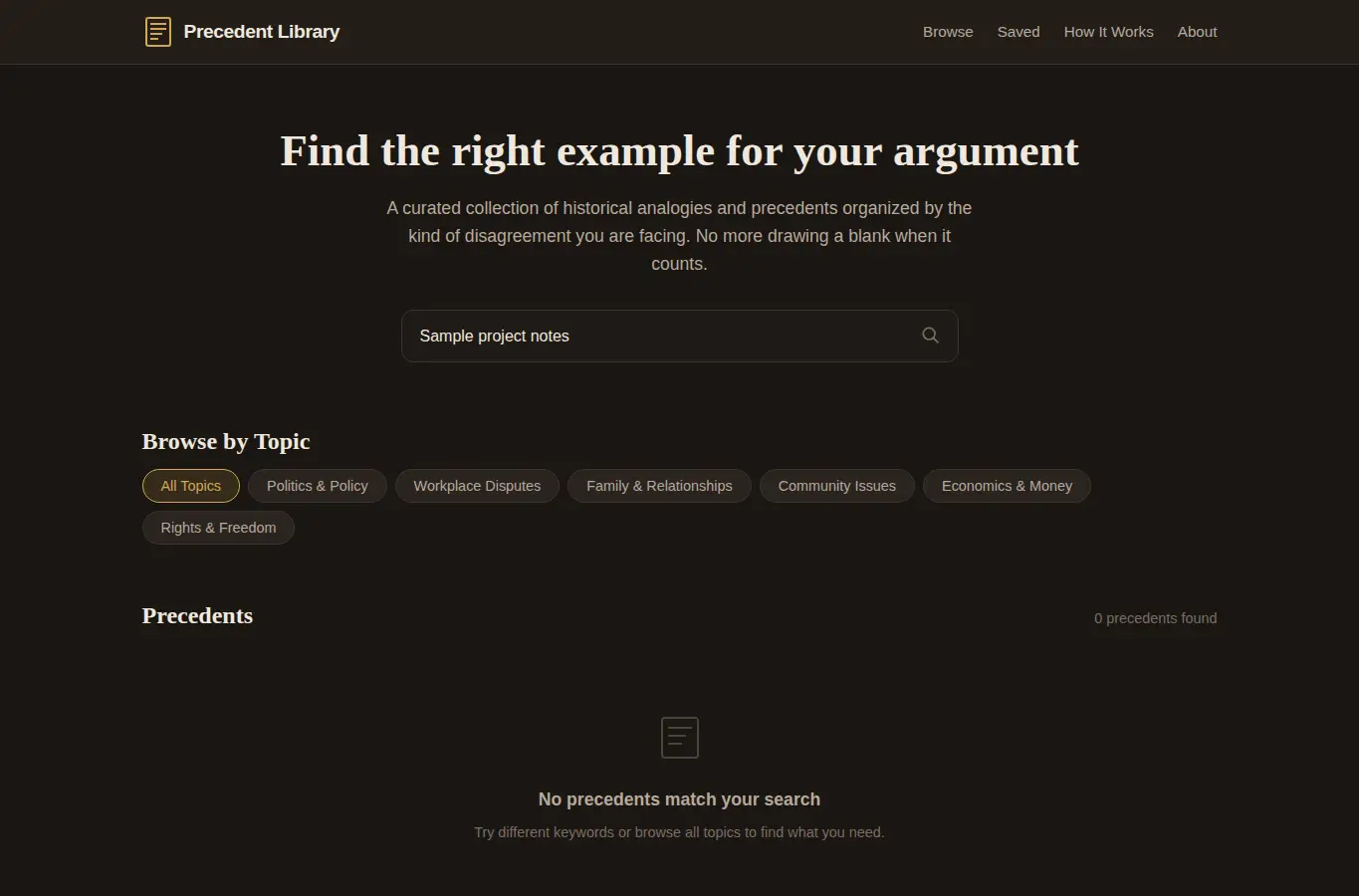 Screenshot of Argument Precedent Library interface showing the project page in use